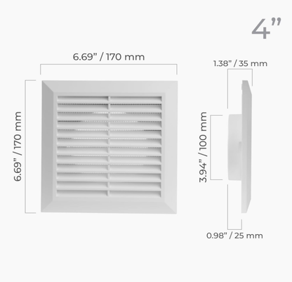 4 Inch Fit - White Plastic Vent Cover - Exhaust Dryer Vent Cover - Built-in Protection Screen and Screws Included - Outside Dimensions: 6.7 x 6.7 Inches