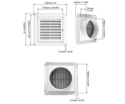 Air Vent ABS Louver Grille Cover, 2 Pack 4" Square Covers with Built-in Fly Screen Mesh for Bathroom Office Home
