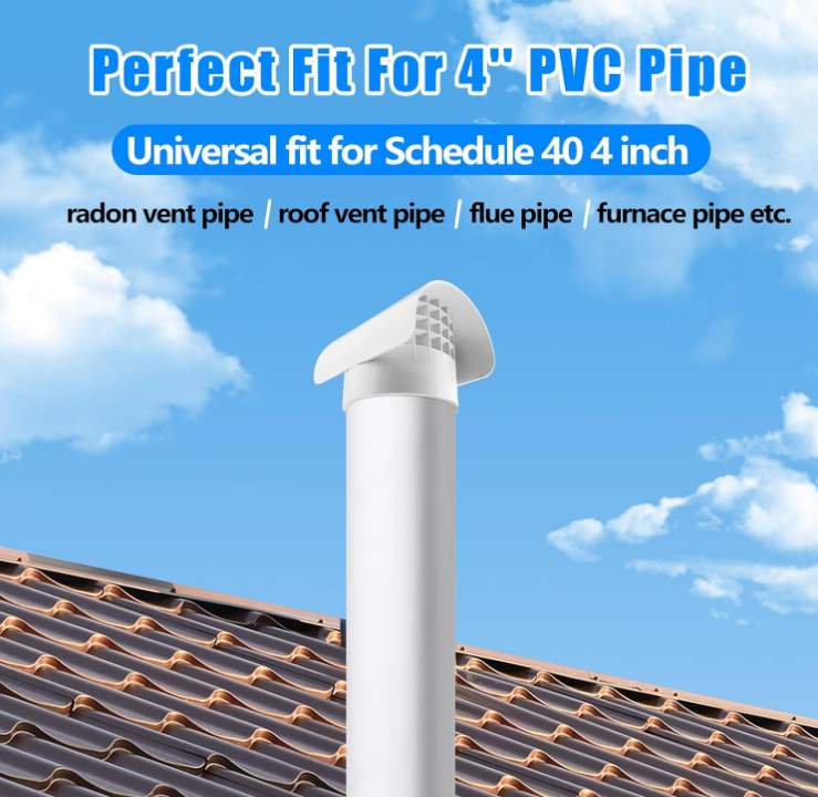 PVC Vent Cap Radon Vent Cap for 4" Schedule 40, 4 inch PVC Radon Fan Pipe Cap Exhaust Vent Cap for Radon/Flue/Roof Vent System,Radon Vent Cover Stop Rain Snow Leaves, Protect Radon Fan Motor&PVC Pipe
