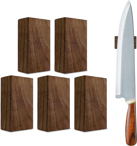 Porte-couteau magnétique pour mur – Aimants puissants en néodyme et bande adhésive de 3 m (pas de perçage.) Bloc en bois de noyer de 5,1 x 3,1 cm.