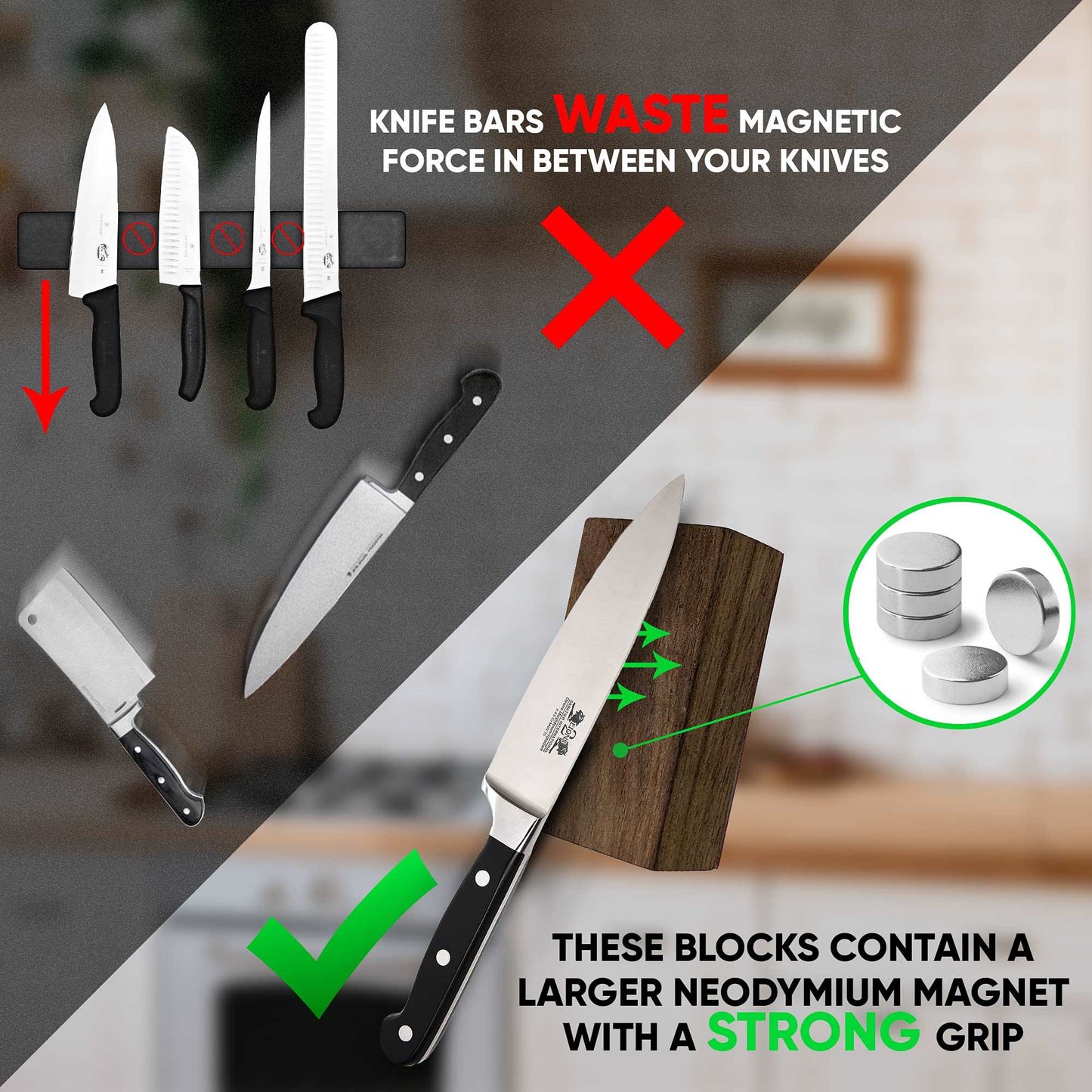 Magnetic Knife Holder - Neodymium Magnets, No Drilling Required - 2 inch x 1.2 inch Walnut Wood Block - NextClimb